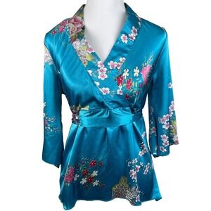Vintage SILVER DRAGON Asian Brocade Silk Top Women Medium Blue Floral Blouse Y2K